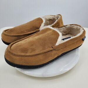 Chaps Mens Size 13 Tan Microsuede Faux Fur Lined Moccasin Slippers House Shoes